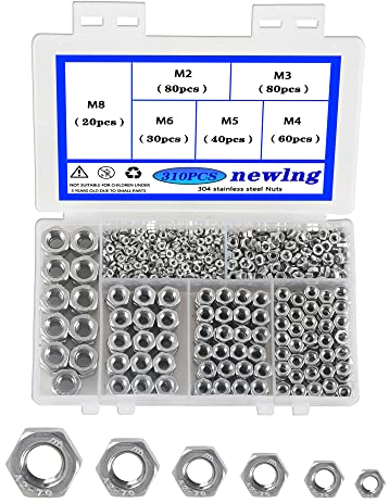 newlng M2 M3 M4 M5 M6 M8 Muttern Sechskantmutter 310 Stück DIN 934 / ISO 4032 Edelstahl 304 Sicherungsmutter Selbstsichernde Sechskantmutter für Schrauben und Unterlegscheiben Set