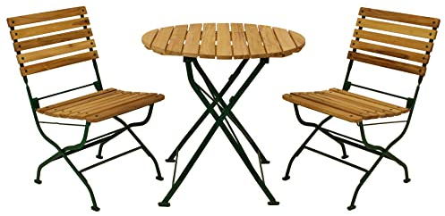 DEGAMO Garten Sitzgruppe Klappgarnitur Passau 3-teilig (2X Stuhl, 1x Tisch rund 77cm), Gestell Flachstahl dunkelgrün, Belattung Robinien Holz, Outdoor