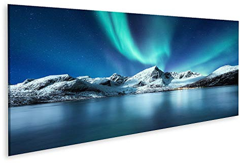 islandburner Bild auf Leinwand Aurora Borealis Lofoten Inseln Norwegen Nordlichter Berge Wasser Winterlandschaft Polarlichter Landschaften Leinwandbild Wandbild Prime Bilder für Wohnzimmer etc.