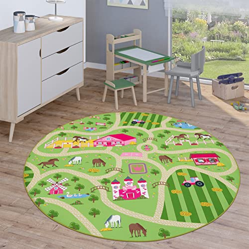 Paco Home Kinderteppich Teppich Rund Kinderzimmer Spielteppich Straßenteppich Modern rutschfest Junge Mädchen, Grösse:160 cm Rund, Farbe:Grün