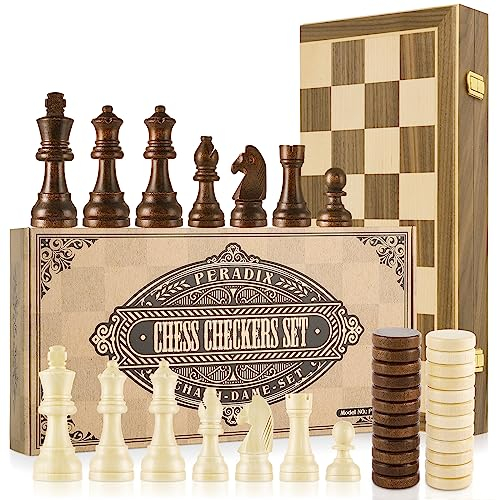 Peradix 2 in 1 Schach und Dame Spiel aus Walnußholz Holz - 39x39CM Klappbar Schachbrett Magnetisch Handgefertigt Schach mit groß Schachfiguren Spielzeug und Geschenk für Kinder