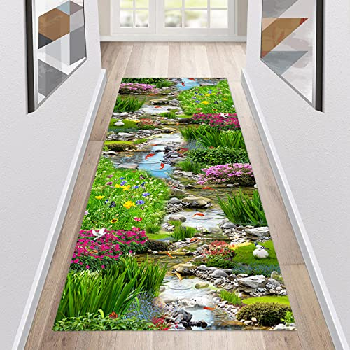 Teppich Läufer Flur rutschfest Küchenläufer Waschbar 3D Druckmuster 60X130CM Grün Korridor Teppichläufer Lang Küchenteppich Für Küche Wohnzimmer Schlafzimmer Teppichläufer Meterware Anpassbar