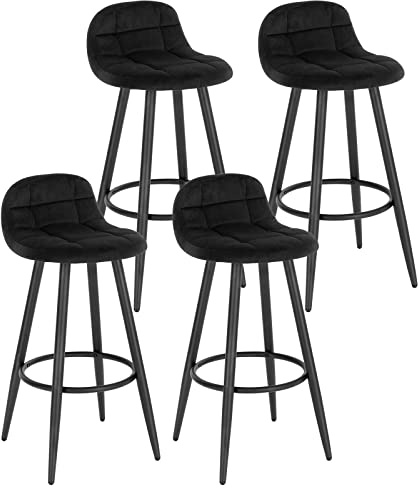 WOLTU Barstol set om 4, barstol med sammetsöverdrag, vadderad kökspall, med ryggstöd och fotstöd, designpall, diskpall, sitthöjd 70 cm, svart BH364 sz-4