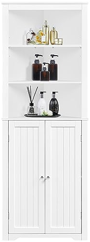 Yaheetech Badezimmerschrank Eckschrank Hochschrank mit verstellbaren Fächer und 2 Türen Dreieckiger Badkommode Eckregal Standregal mit viel Stauraum Weiß, 163 cm Höhe