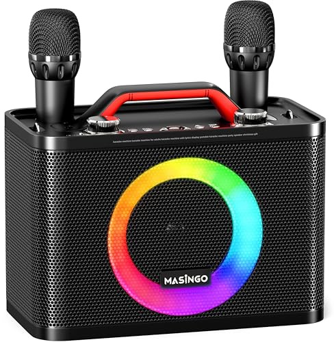 MASINGO New Karaoke Machine for Adults and Kids with 2 Wireless Microphones, Portable Bluetooth Singing Speaker, Colorful LED Lights, PA System, and TV Cable. Sonoro G5 (Black)