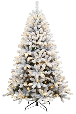 6Ft/1.8m Pre-Lit Yukon Snow Pine Artificial Green Christmas Tree Snow Flocked 550 Tips Branches Snowy Bushy Xmas Home Decorations, with 260 Warm White LEDs, Metal Stand