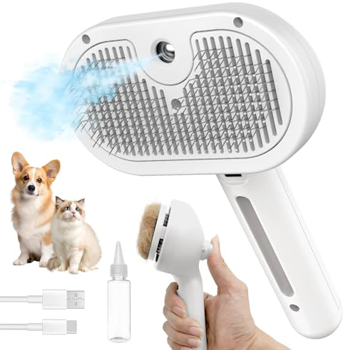 HeroKitty Dog Brush for Shedding, 3 in 1 Self Cleaning Steam Dog Brush - Anti-Static,Cat Steam Brush Removal Comb with Release Button, Grooming Tool for Long and Short Hair Pets, White
