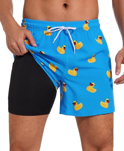 Aueyan Mens Swim Trunks with Compression Liner Funny Swimming Trunks for Men Duck Beach Shorts Men's Swimwear 5 Inch Inseam Board Shorts Fun Graphic Swimsuit Young Man Teens Boys Swimsuit,Large