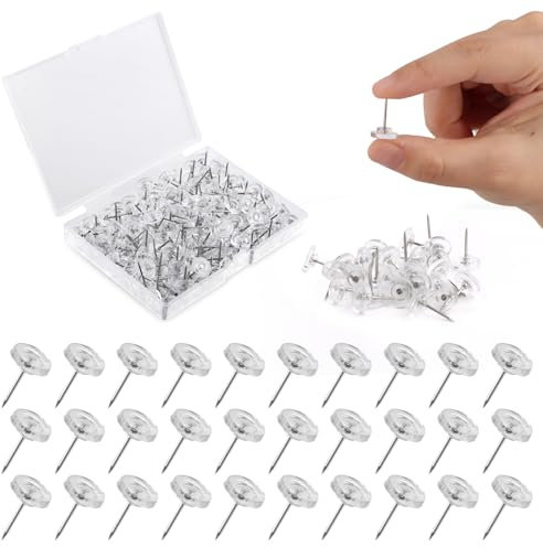 150PC Reißnagel,Klare Reißzwecken,Heftzwecken Pinnadeln,Flacher Kopf Reißnägel,Polster Reißzwecken,Durchsichtig Reißnägel Pins,Transparenter Kunststoff-Kopf,Pinnadeln für Pinnwände,Korkplatten