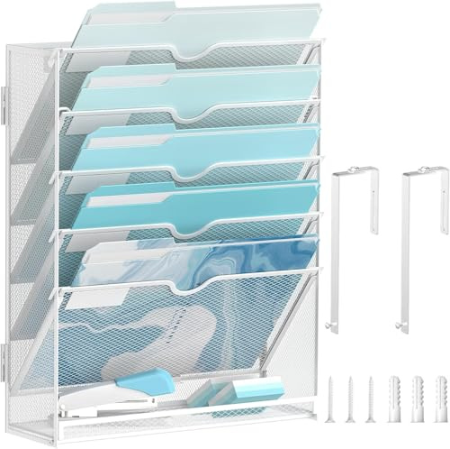SUPTIDY 6-stöckiger Wand Zeitungshalter, Praktischer Wandorganizer Büro, A4 Dokumentenablage, Metall Prospekthalter, Zeitschriftenhalter Wand, Montage erforderlich, Weiß