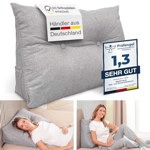 ELONEO Rückenkissen 90 cm breit, Keilkissen für Bett und Sofa geeignet, dreieckiges Lesekissen, Kissen mit abnehmbarem und waschbarem Bezug, mit praktischem Seitenfach