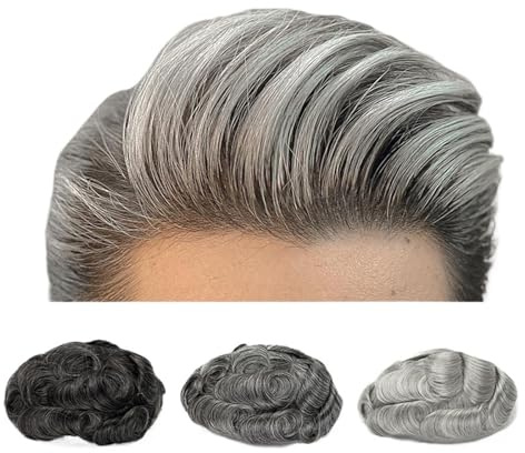 Parrucca da uomo V Loop Pelle Sottile Parrucca Maschile Parrucchino da Uomo Parrucca Linea Sottile Naturale Capelli Umani di Remy Grigio 0.03mm Sistema di Protesi Capillare for Uomo Parrucche per cape