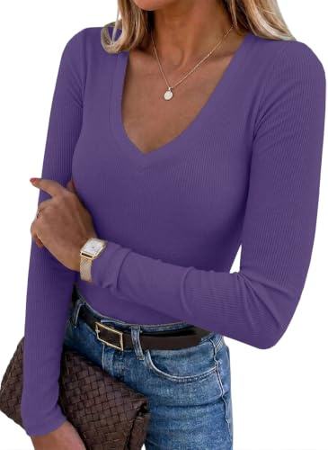 Chicrise Langarmshirt Damen V Ausschnitt Pullover Langarm Basic Eng Ribbed | V-Ausschnitt,Ribbed,Elegant,Langarm,Basic,Oberteile,Slim Fit,Einfarbig,longsleeve,Strick,Herbst,Winter,Casual,Schicker