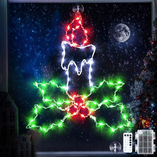 Meonum Decoración de luz de ventana de Navidad, 15 pulgadas, 8 modos de iluminación, silueta de ventana de Navidad, vela de hoja de acebo, decoración LED de ventana de Navidad con función de