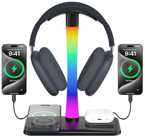 Headphone Stand with Wireless Charger, Support for Gaming Headphones with RGB Light, Support for Airpod Max Compatible with Airpod Pro/3/2, iPhone 16/15/14/13/12/11, Gifts for Men Do (Black)