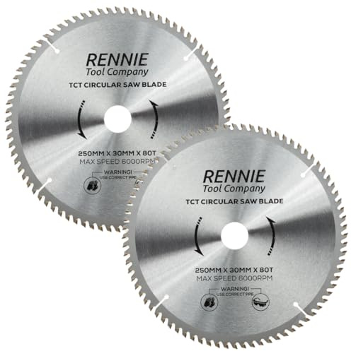 Rennie Tool 2pcs 250mm x 30mm Bore x 80T TCT Circular Saw Blades For Wood | For Bosch Makita Dewalt Circular Saws Etc. Includes 25mm 20mm & 16mm Bore Reduction Rings.Fits 255mm Circular Saws