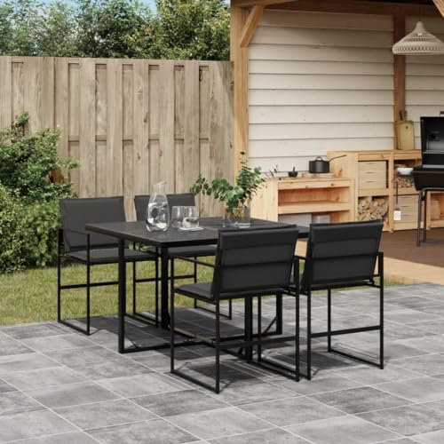 Homgoday Set da pranzo da giardino 5 pezzi con cuscini in textilene nero, sedia seduta poltrona tavolo cucina esterno terrazza patio balcone mobili