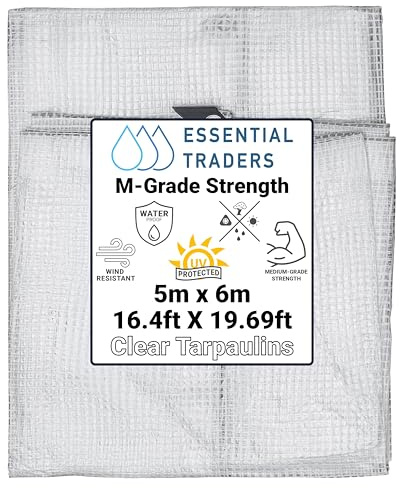 Clear Monotex Heavy Duty Tarpaulin, 100gsm Waterproof Ground Cover Multipurpose Furniture, Caravan, Vehicle, Tool, Camping & Shed Mono Sheet, Medium Weight Reinforced Cotton Mesh (5m x 6m)
