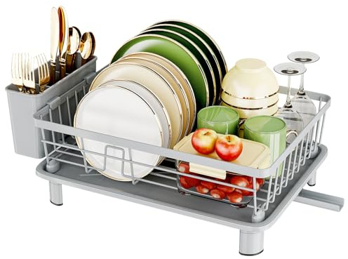 GHERISN Dish Drainer Rack with Drip Tray, Sink Dish Drainer with Drainage Spout, Stainless Steel Dish Drying Rack with Cups, Utensil & Cutting Board Holders for Kitchen Counter Space-Saving, Grey