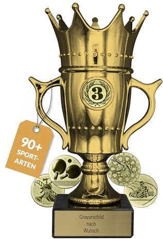 Pokal mit Gravur Wunschtext, Gold, Sportemblem nach Wahl, 21,5/22,5/23,5 cm | Personalisierte Auszeichnung für Fußball WM & Sport Events, inkl. Marmorsockel