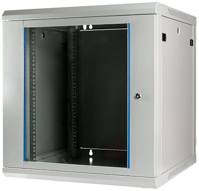 Netzwerkschrank 19 Zoll 12HE I 600 mm Tiefe I Serverschrank Grau montiert | Wandmontage I abschließbare Glastür I voll montiert I 100 kg Traglast I 600×600×636 mm (Grau - 60cm, 12HE)