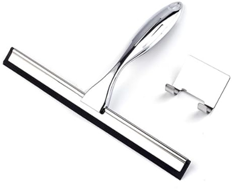 Shower Squeegee, 10 Inch Stainless Steel Window Squeegee Cleaner with Hook, Shower Screen Wiper, Flexible Glass Cleaner for Bathroom Doors, Windows, Mirrors, Tiles, and Car Glass