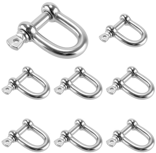 FUNSUEI 8 PCS M10 Heavy Duty D-Shackle Stainless Steel Shackles, Silver D Shackle Ring Suitble for Heavy Duty Construction, Chain Link Tow