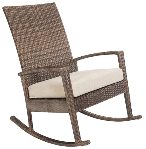 Ogarden Rocking Chair, Garten schaukelstuhl wetterfest, Poly Rattan Outdoor Schaukelstuhl, Schaukelsessel mit Kissen, für Garten, Terrasse, Balkon, Relaxsessel Gartenstuhl (Braun - Khaki Kissen)