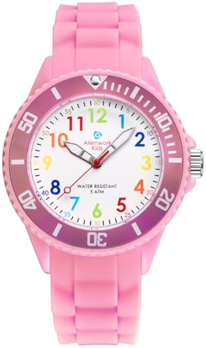 Alienwork Barn lärande klocka barn pojke flicka lärande tid vattentät 5 ATM, Rosa / Brokigt / Silikon Armband Rosa, rem