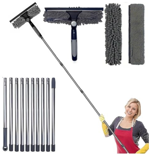 Kit per la Pulizia Delle Finestre da 4,25 metri,Smavles Pulisci Vetri Finestre Professionale,Extra Lungo,2 in 1,Lavavetri Telescopico con Tapis Chenille,Tergipavimento per Pareti di Vetro Bagno Auto
