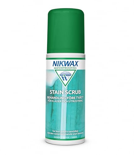 NIKWAX STAIN SCRUB - Potente tratamiento de manchas para telas impermeables - Tratamiento de manchas prelavado para ropa y equipo impermeables, aplicador de cepillo integrado fácil de usar (125 ml)