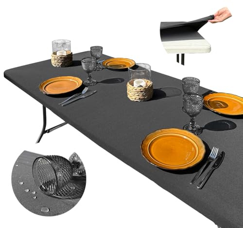 LUVRA Mantel Exterior Impermeable 182x76 Jardin de TPU, Antimanchas para Mesa Rectangular Ajustable, Mantel Mesa Plegable Impermeable, Elástico Negro, Lavable, Antiarrugas, Spandex, Camping y Eventos