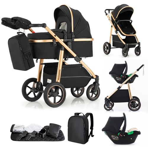 Gcarebb 3 in 1 Prams Travel System, Pushchair with Height Adjustable Handle, Travel Pram with Rain Cover, Baby Stroller with Aluminum Frame for Newborn 0-4 Years