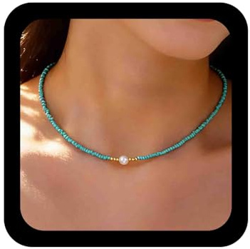 Cybche Boho Small Seed Bead Necklace Choker Blue Beaded Necklace Chain Wedding Pearl Pendant Necklaces Minimalist Rice Beads Collar Necklaces Jewelry for Women