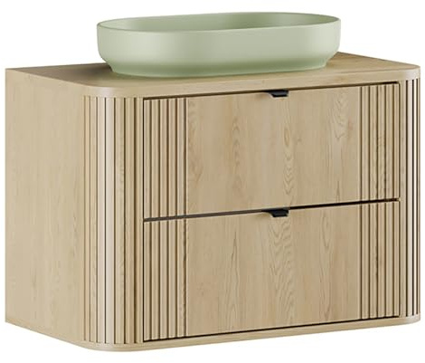 Lomadox Badezimmer-Waschtisch 80 cm breit in Eiche, Rillen, Waschtischplatte mit Keramik Aufsatzwaschbecken olivgrün, Softclose-Schubladen, Metallgriffe, abgerundete Kanten