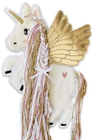 Applikation Pegasus mit Wollmähne Rosa Altrosa Gold Aufbügler Einhorn mit Flügel für DIY Schultüte Zuckertüte Bügelbild Patch Bügelpatch Pferd weiß Glitzer (Klein (12x15 cm))