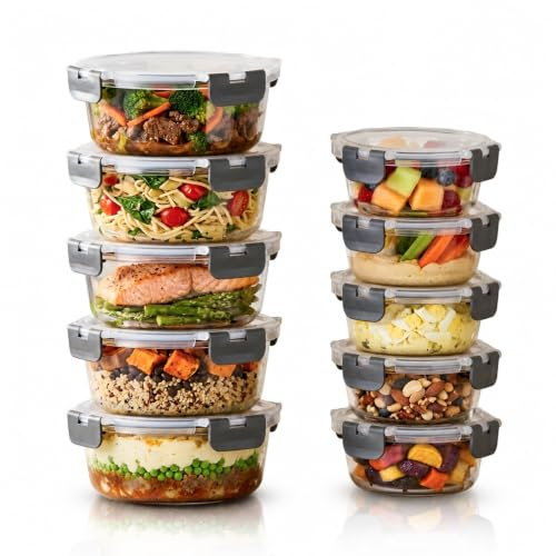 Straame Glass Meal Prep Containers with Airtight Lids – 10-Pack (5×950ml + 5×400ml) – Reusable Glass Food Storage Containers with Lids – Leakproof, Freezer, Ov-en, Microwave & Dishwasher Safe (Round)