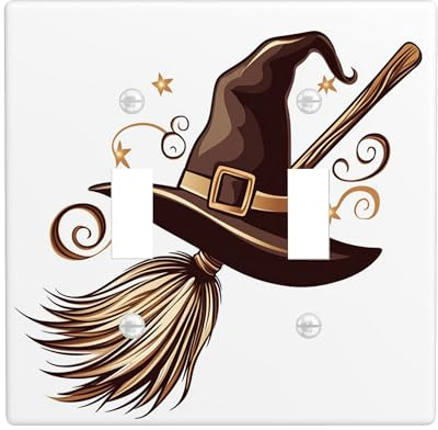 Halloween Witch Magic Broom Decorative Light Switch Cover Wall Plate 2 Gang Double Toggle, Fun Cartoon Witchy Hat Electrical Switchplate Cool Kid Electrical Faceplate for Bedroom Room