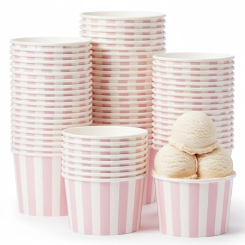 Zopeal 50 Count Ice Cream Cups Disposable 9 oz Ice Cream Bowls Paper Race Car Birthday Party Supplies Snack Cups Sundae Picnic Dessert Yogurt Bowls for Food(Light Pink,Striped)