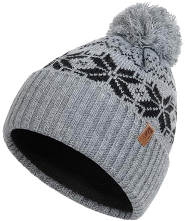 HEYO Mütze Damen Herren Norweger Mütze Bommelmütze Unisex Wintermütze Dick Gefüttert Warm (Grau)