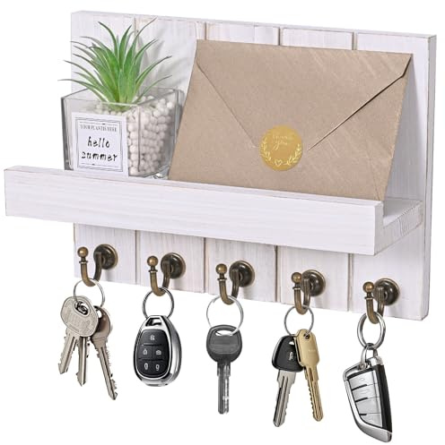 Kldgris Schlüsselbrett mit Ablage, Schlüsselbrett Holz, Dekoratives Holz Wandregal, mit 5 Schlüsselhaken, für Eingang, Flur, Schlafzimmer, Wohnzimmer, Hellweiß