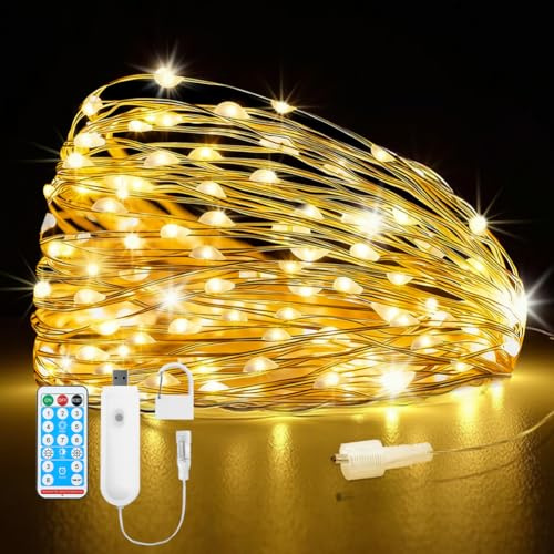 HOTUT LED Cadena de Luce, 10M 100 LED Guirnalda Luce con Batería, Luces Decorativas Cadena de Alambre Plateado de Luz y Control Remoto con Temporizador para Navidad, Habitacion, Fiesta, Jardín, Bodas