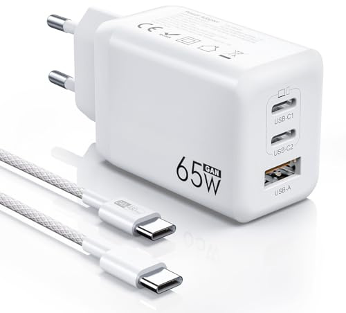 Chargeur USB C 65W 3-Ports, Charge Rapide PD3.0 PPS, GaN III avec Câble Tressé 1.8M, pour MacBook Pro/Air, iPhone 17/16/15 iPad Pro, pour Samsung Galaxy S26/S25/S24 Ultra, Google Pixel 10/9, Blanc