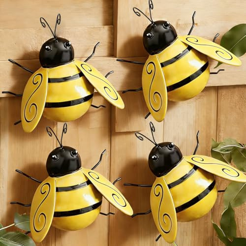 Gudui Metal Bumble Bee Garden Decoration, 3D Bee Garden Wall Art Outdoor Set of 4 Large Hanging Bumblebee Garden Ornaments Wall Decor Sculpture for Fence, Yard, Lawn, Porch, Shed