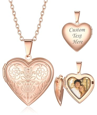 Custom4U Personalisierte Medaillon Kette für Damen - Kette mit Foto Gravur Herz Medaillon zum Öffnen, Silber/Gold/Schwarz 50 cm Kette Länge Personalisierte Geschenke für Mama Ehefrau (mit Geschenkbox)