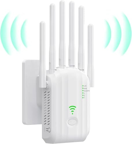 Répéteur WiFi, amplificateur WiFi Puissant, 6 antennes 2 Ports LAN Ethernet répéteur/Mode AP, Couvrant 11 000 m², Compatible avec Tous Les boîtiers Internet à la Maison et au Bureau
