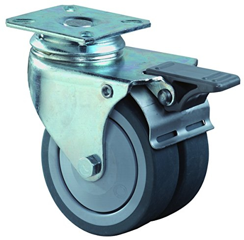 BS ROLLEN B120.A85.075 Doppellenkrolle mit Anschraubplatte-Kugellager/Gummirad, ø 75, mit Feststellung