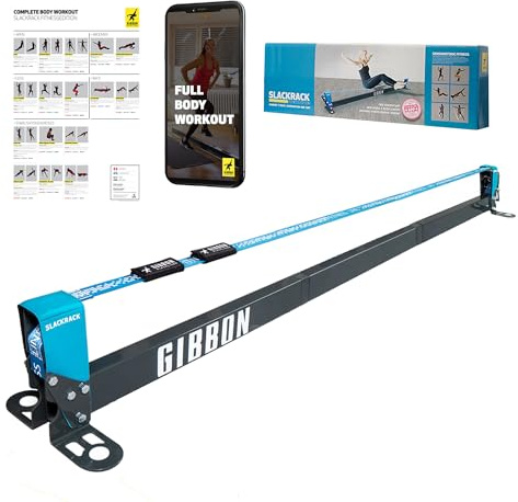 Gibbon Slacklines, Slackrack Fitness Edition, grigio-blu, lunghezza 2 o 3 metri, con 2 maniglie, banda elastica e poster con 16 diversi esercizi, larghezza della fettuccia: 2/5 cm, altezza: 30 cm
