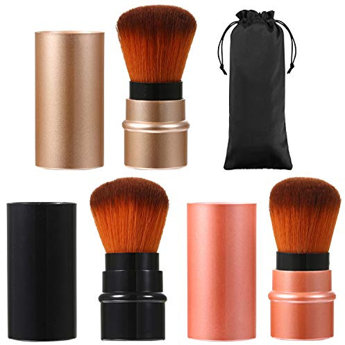 JewelryWe 3 Stück Einziehbarer Kabuki Pinsel mit besonders weichem Synthetik-Haar, für Make-Up Puder Produkte, retractable brush