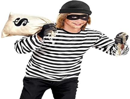 W WIDMANN MILANO Party Fashion - Kinderkostüm Dieb | 3-teilig mit T-Shirt, Kappe und Augenmaske für Karneval und Mottoparty